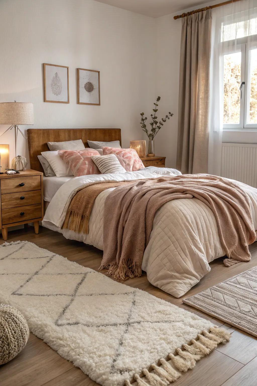 Layered textures adding warmth and creating an inviting bedroom.