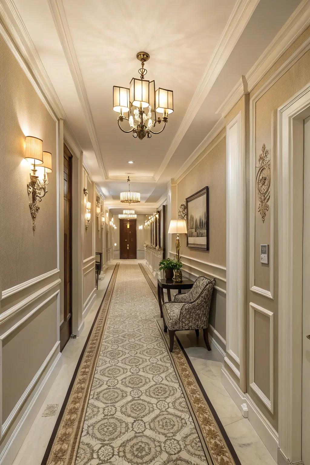Dual-tone baseboards highlight hallway design.