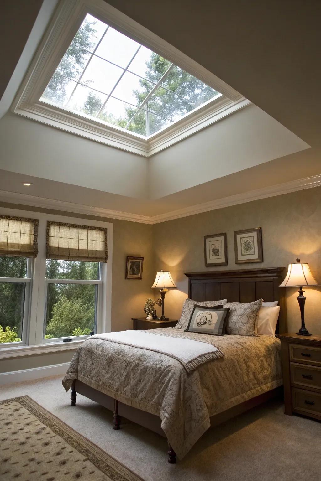 A bedroom with a skylight and trim creating a faux ceiling effect.