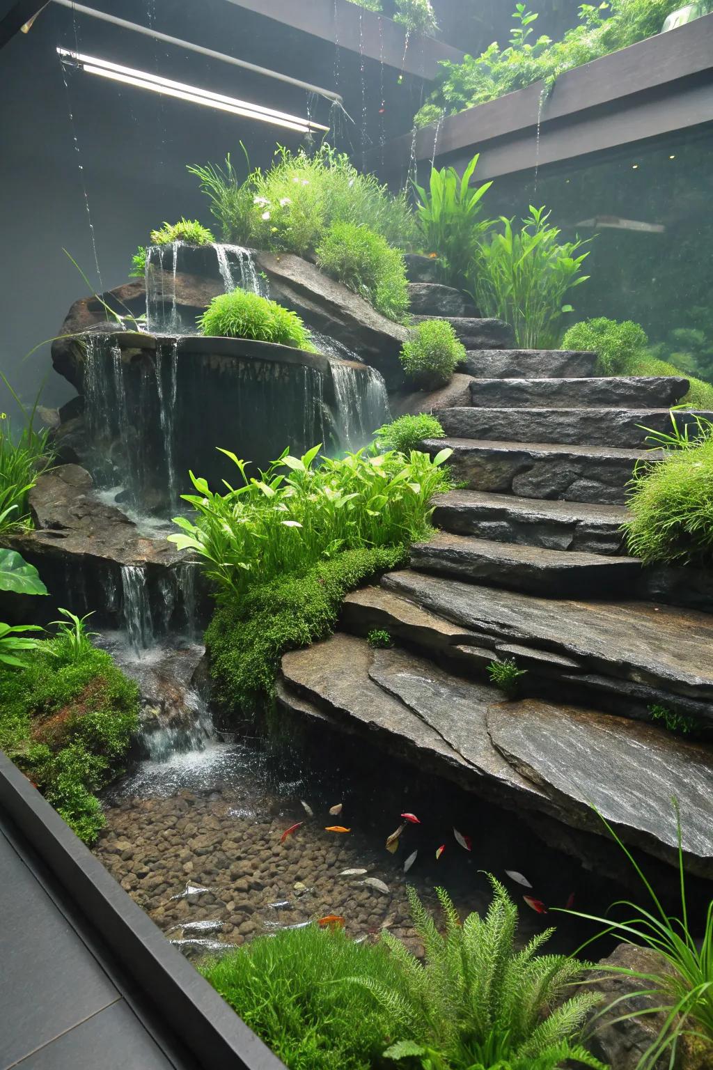 Graded mineral stone terraces exhibiting vibrant flora.