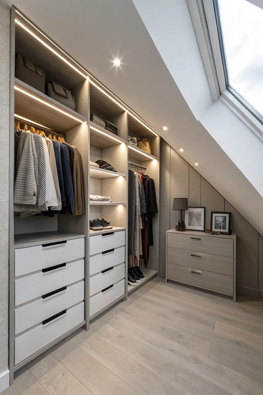 Integrated lighting brightens up your closet, making every corner visible and welcoming.