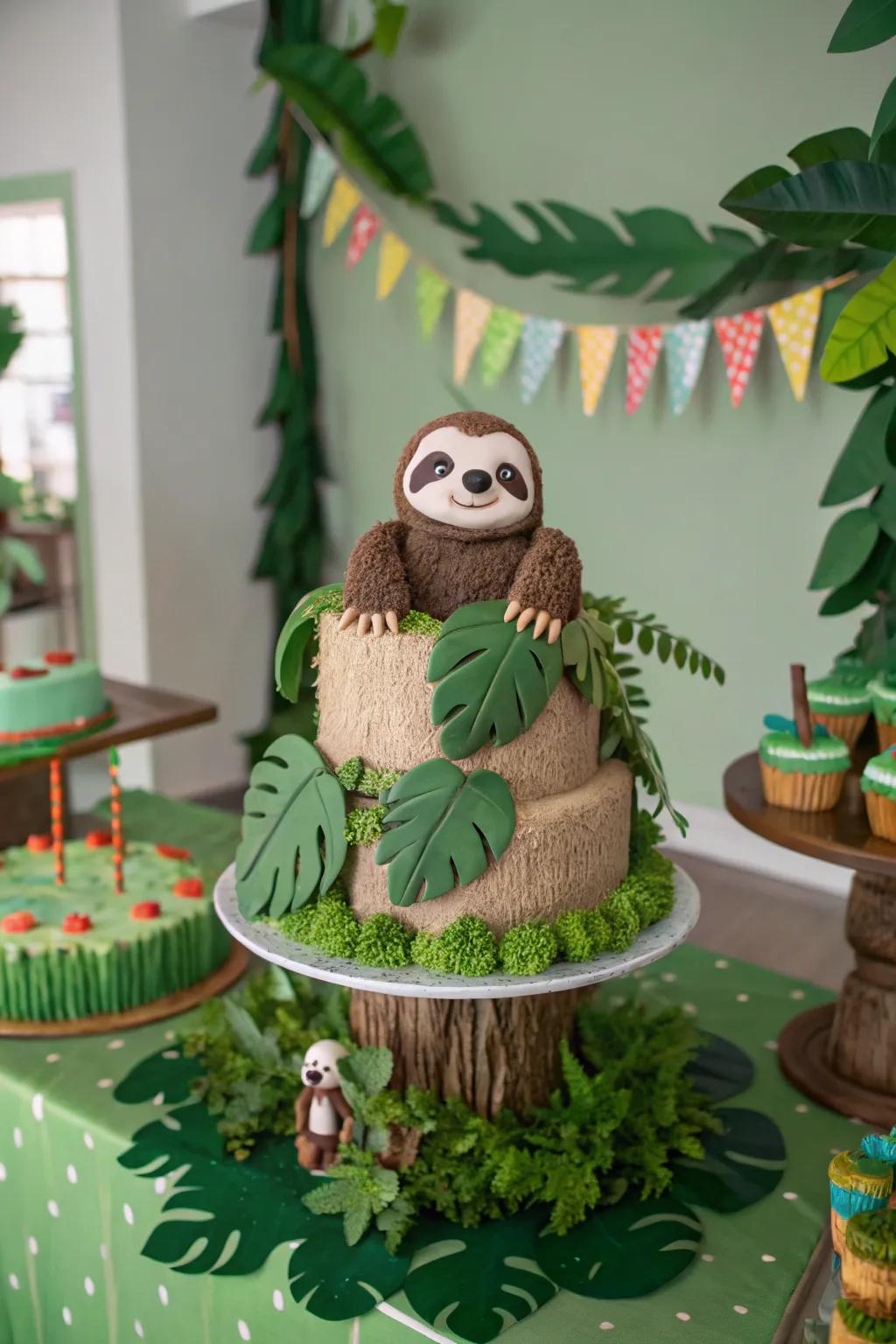 Jungle props turn a sloth dessert into an adventure.