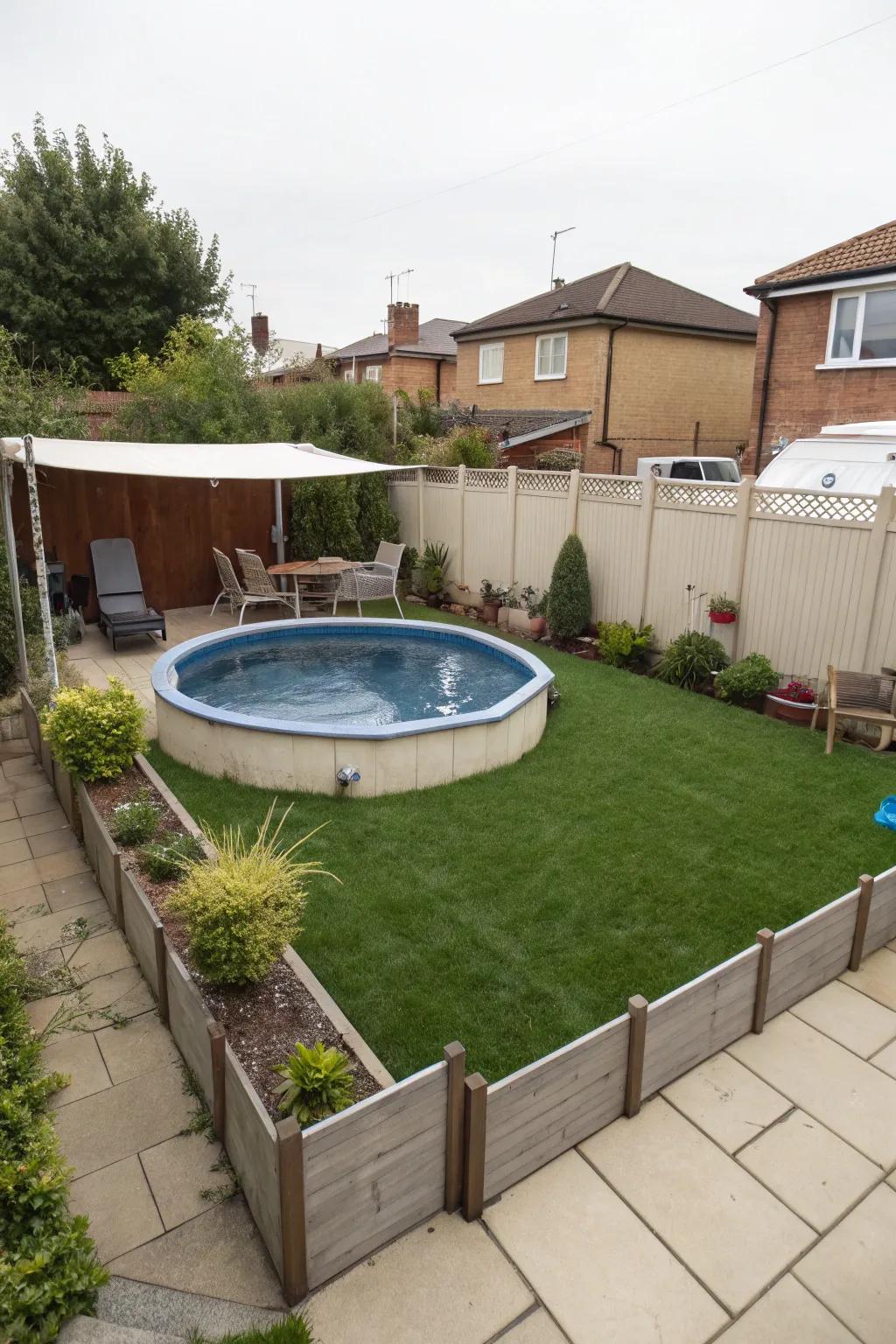 A cleverly planned compact above-ground pool space.