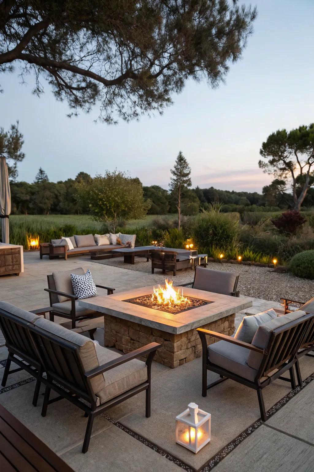 A flame pit table provides both warmth and a surface for dining or drinks.
