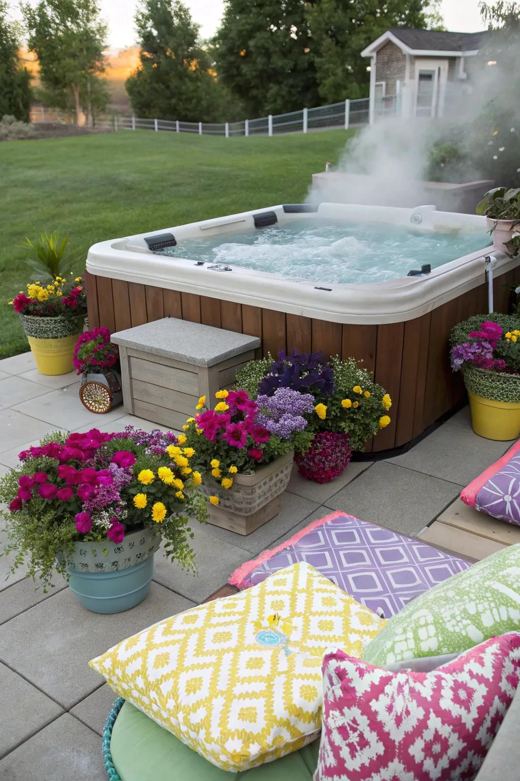 A backyard soak station zone showcasing vibrant planters and decorative cushions.