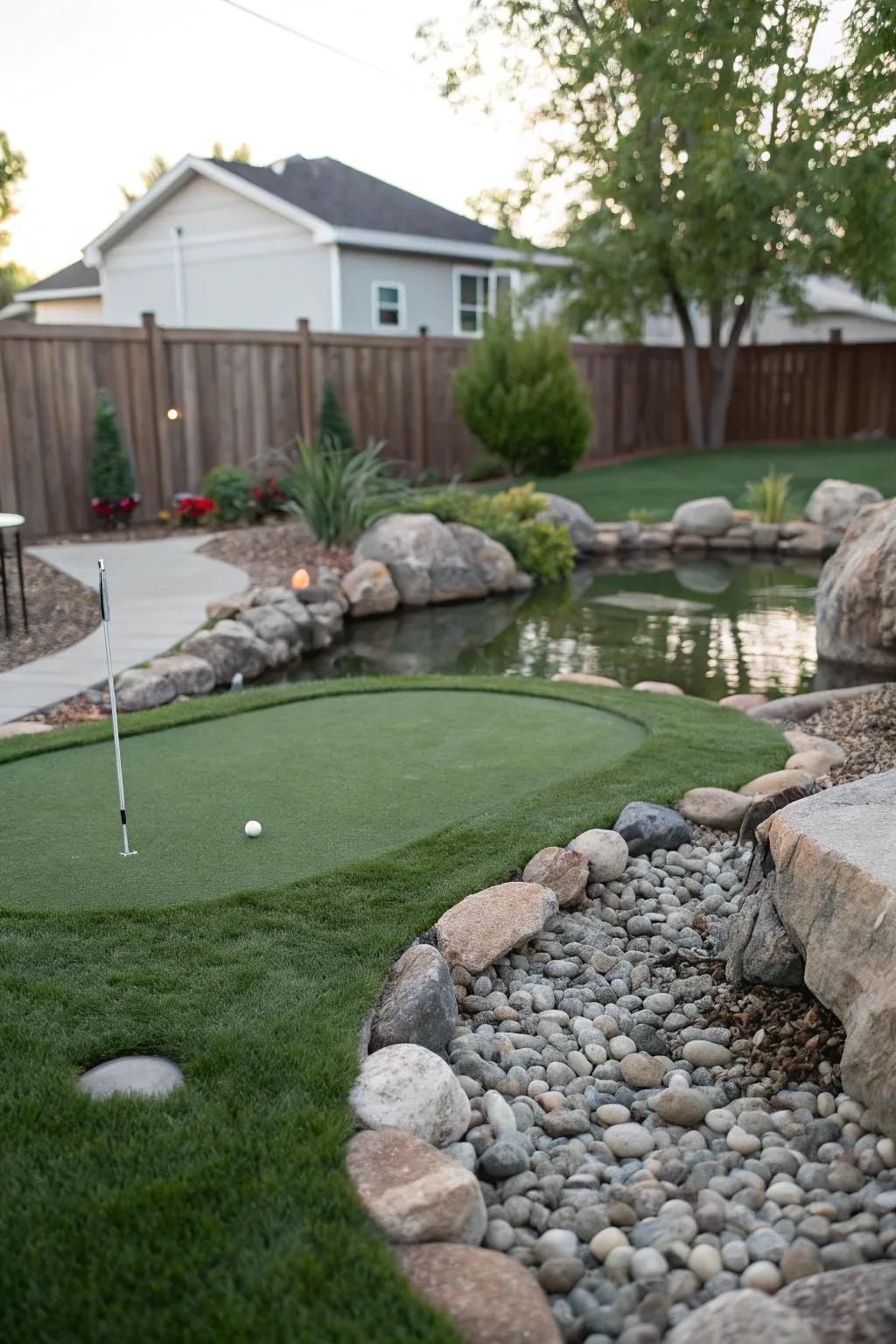A putting green beautifully merged with a pool and rockery.