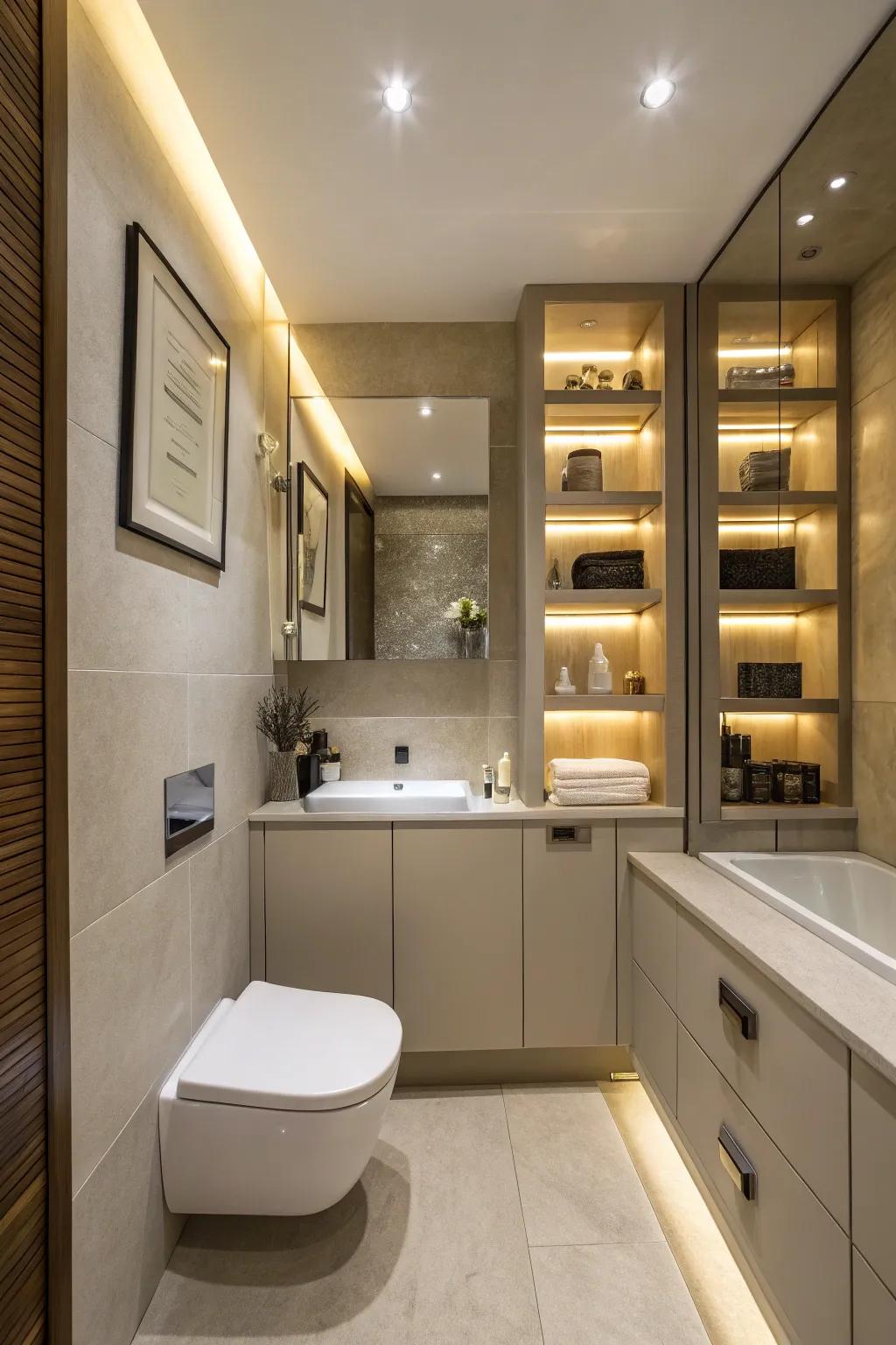 A small bathroom showcasing hidden storage for a clean look.