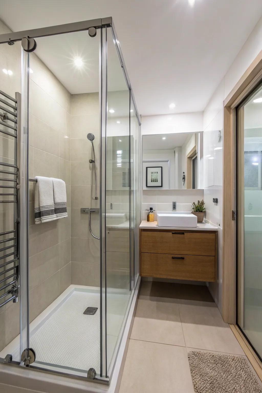 Clear shower doors help maintain an open feel.