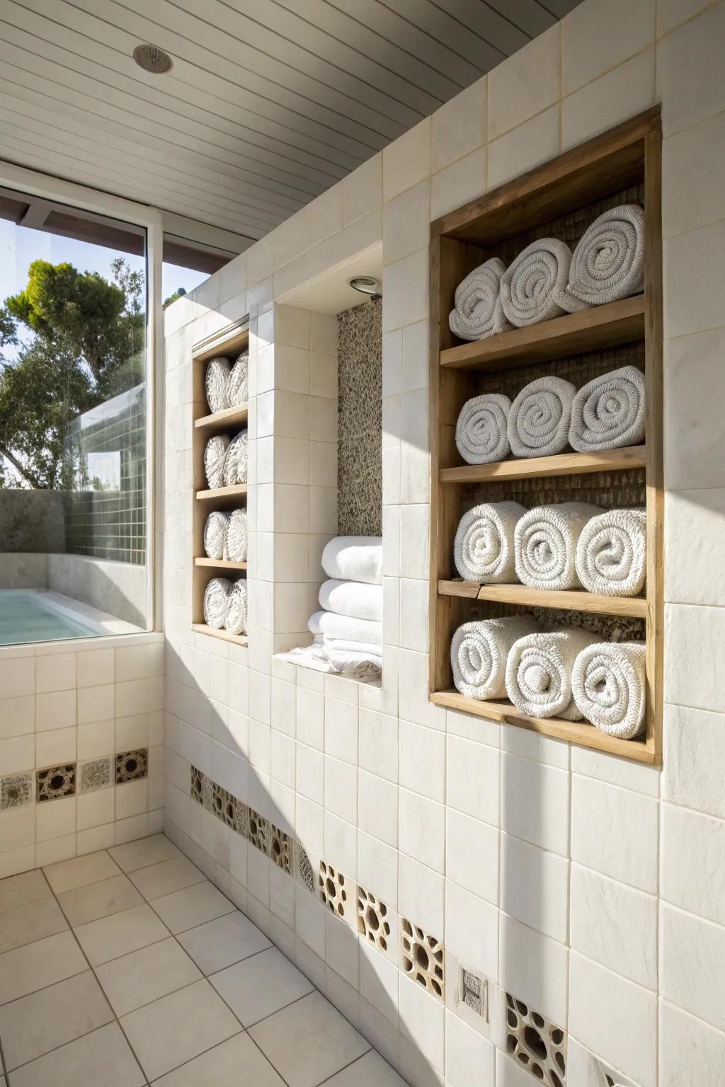Sophisticated storage solution with towel rolls in wall alcoves.