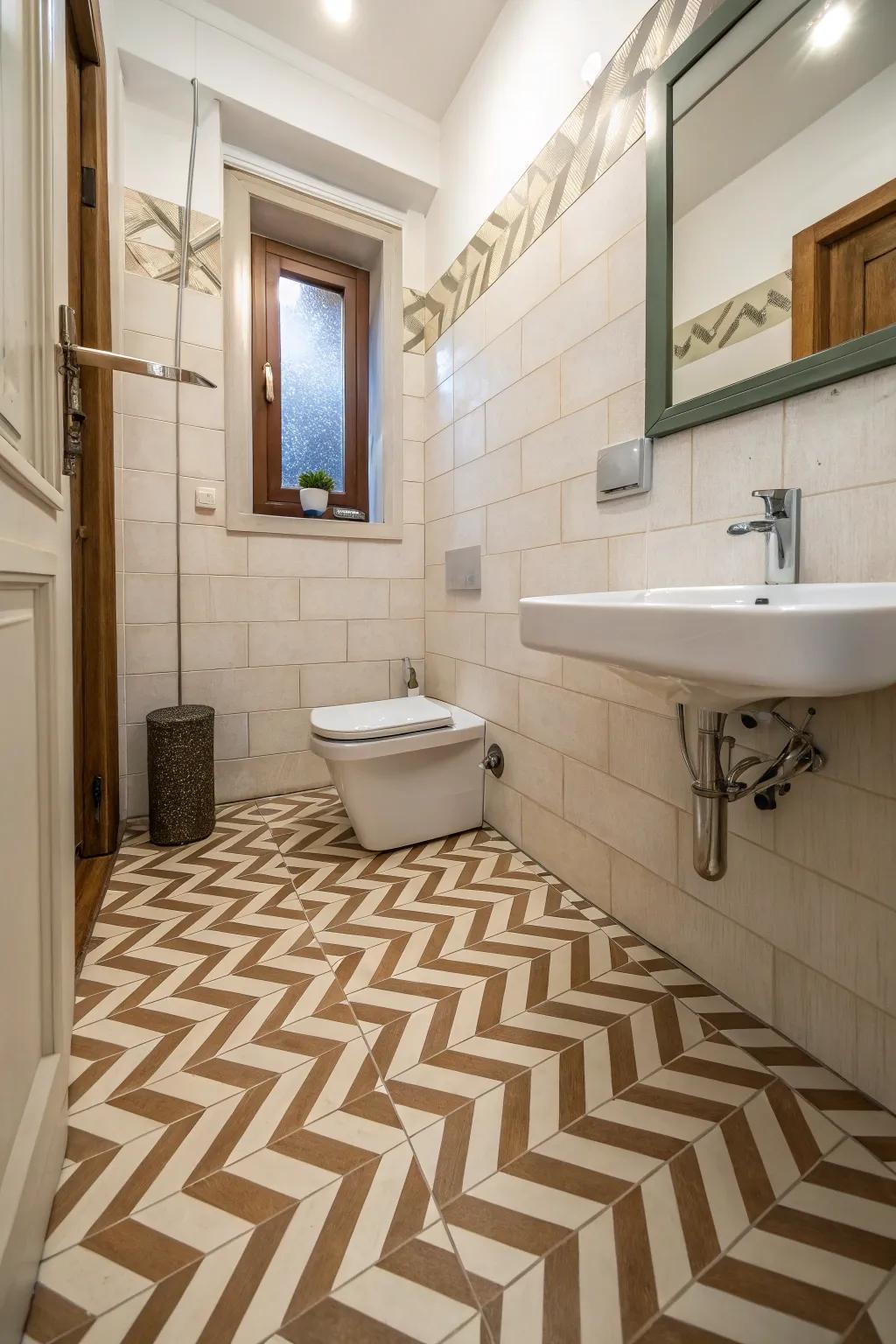 Chevron patterns enhance visual interest and elongate the room.