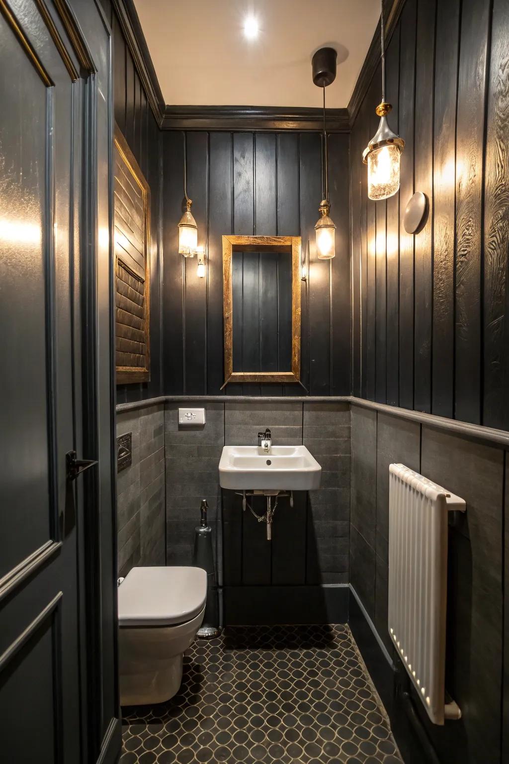 Dark surfaces creating a cozy and intimate setting in a small bathroom.