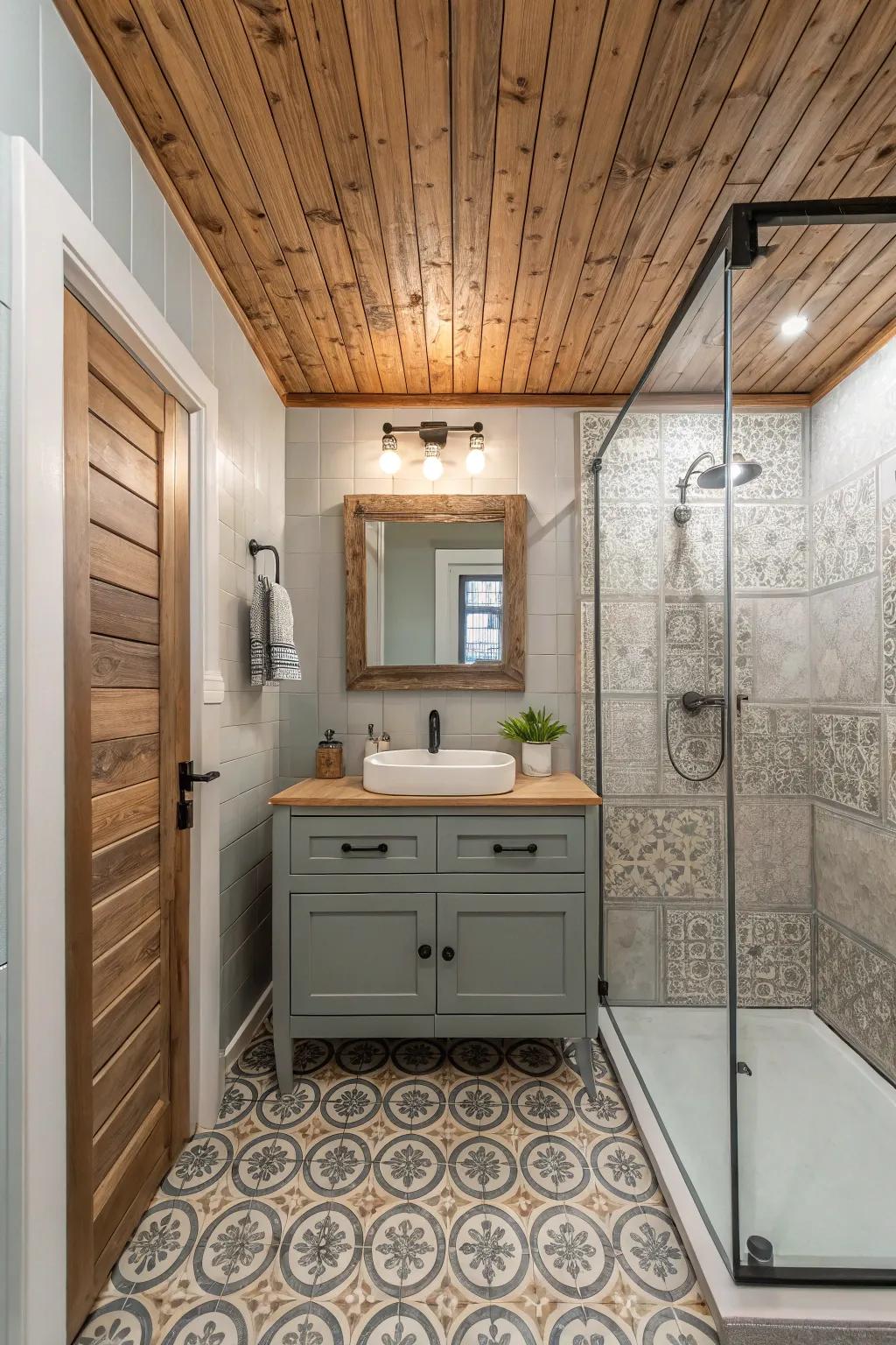 The ceiling has added depth and interest from textured boards.