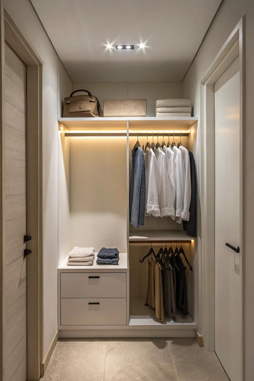 Minimalist lighting complements a well-organized closet.
