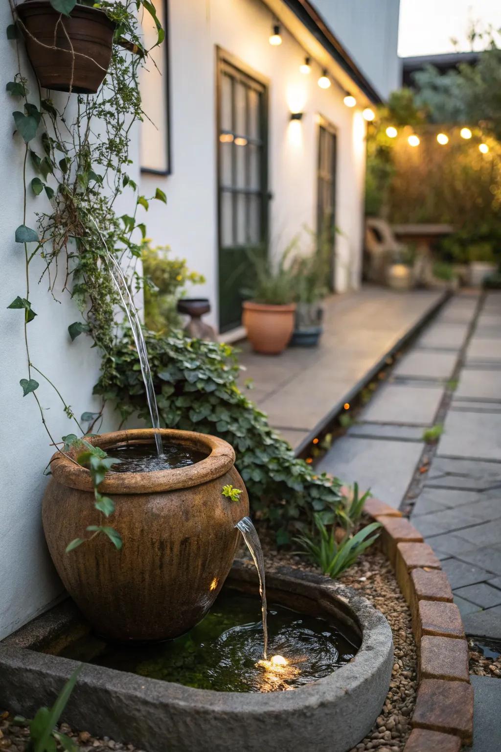 A simple water feature adds tranquility to a courtyard.