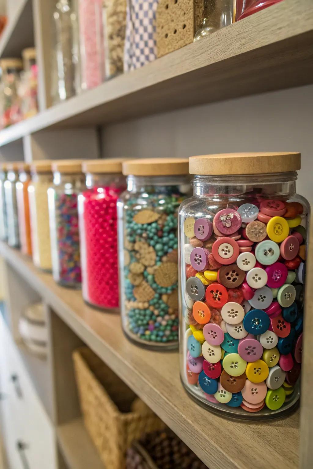 Decorative jars maintain organization of small items and add personality to your craft space.