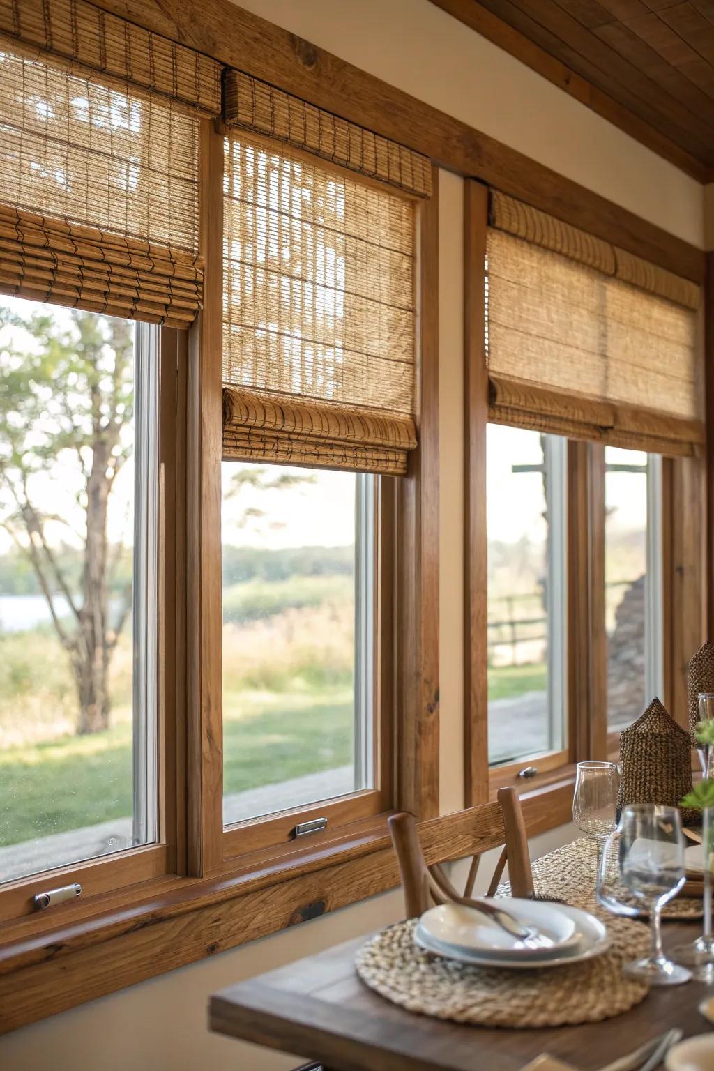 Woven wood shades introduce natural elements into the space.