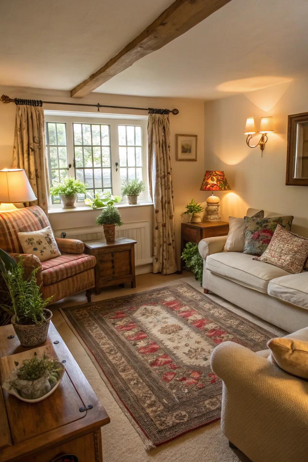Cozy accessories like rugs and lamps round out this cottage living space.