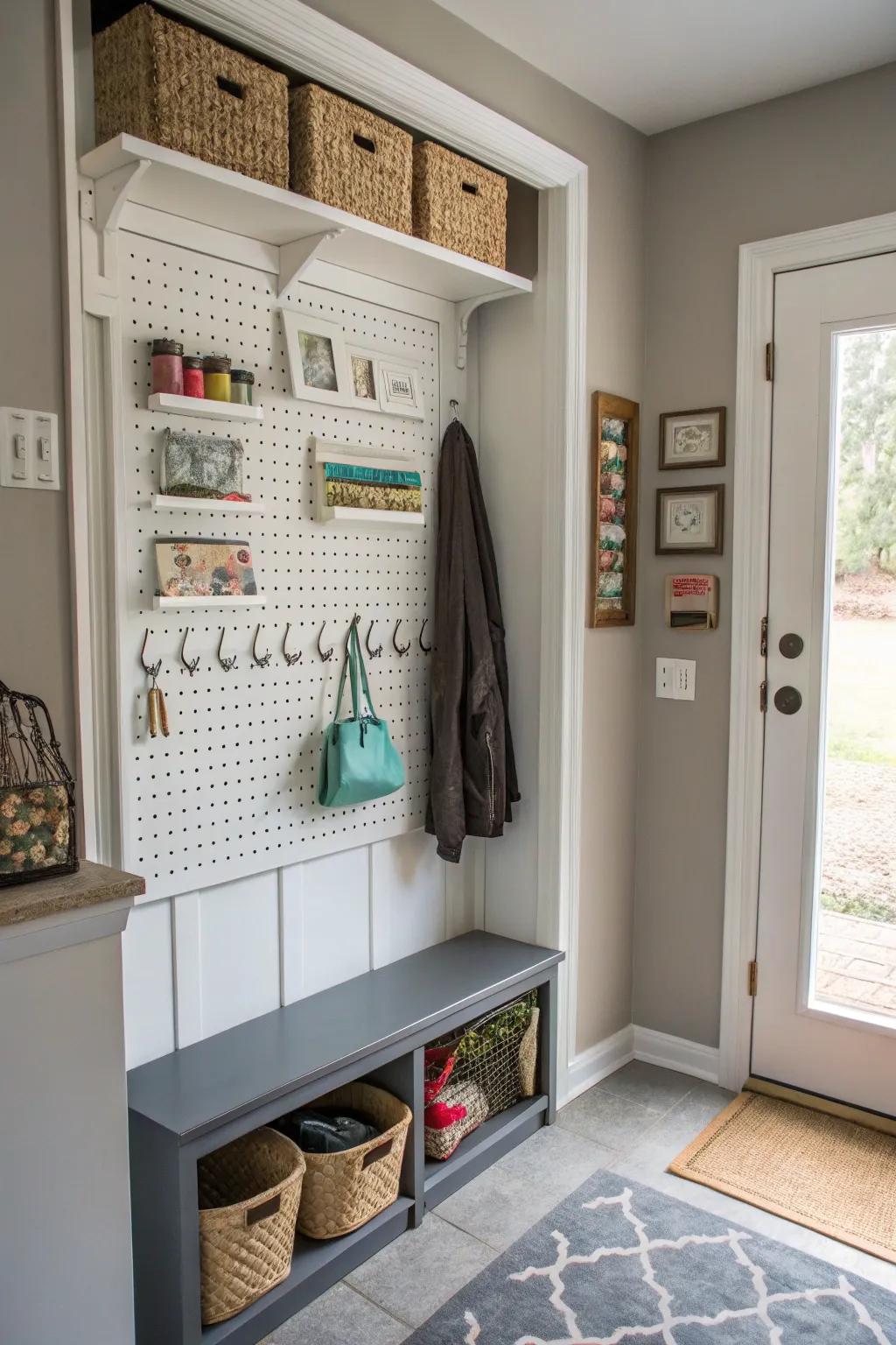 A pegboard delivers adaptable and trendy stowage resolutions.