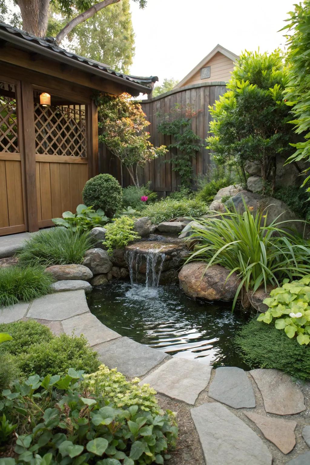 A serene water feature encased by verdant foliage.