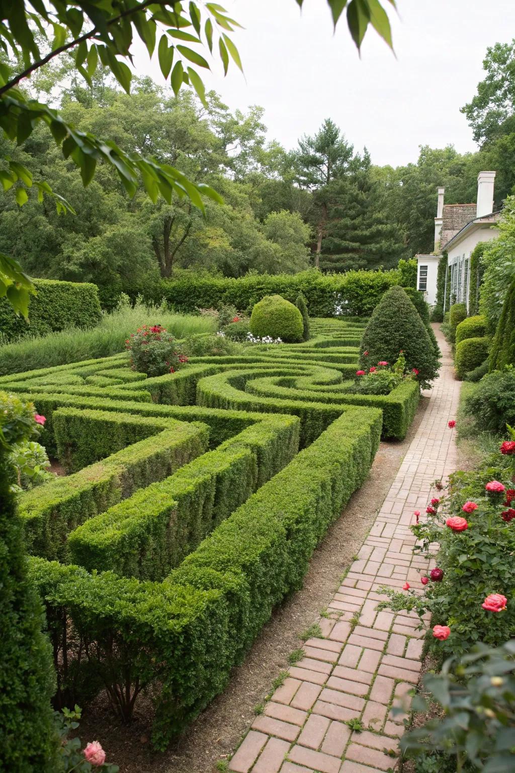 A delightful hedge labyrinth adding whimsy to the landscape.