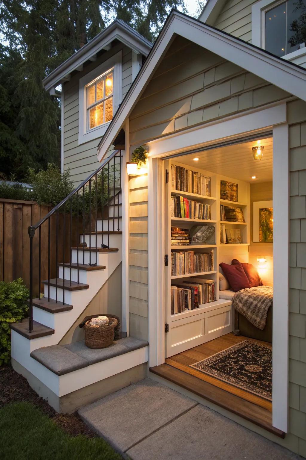 A small house featuring under-stair storage and a cozy mini-library.