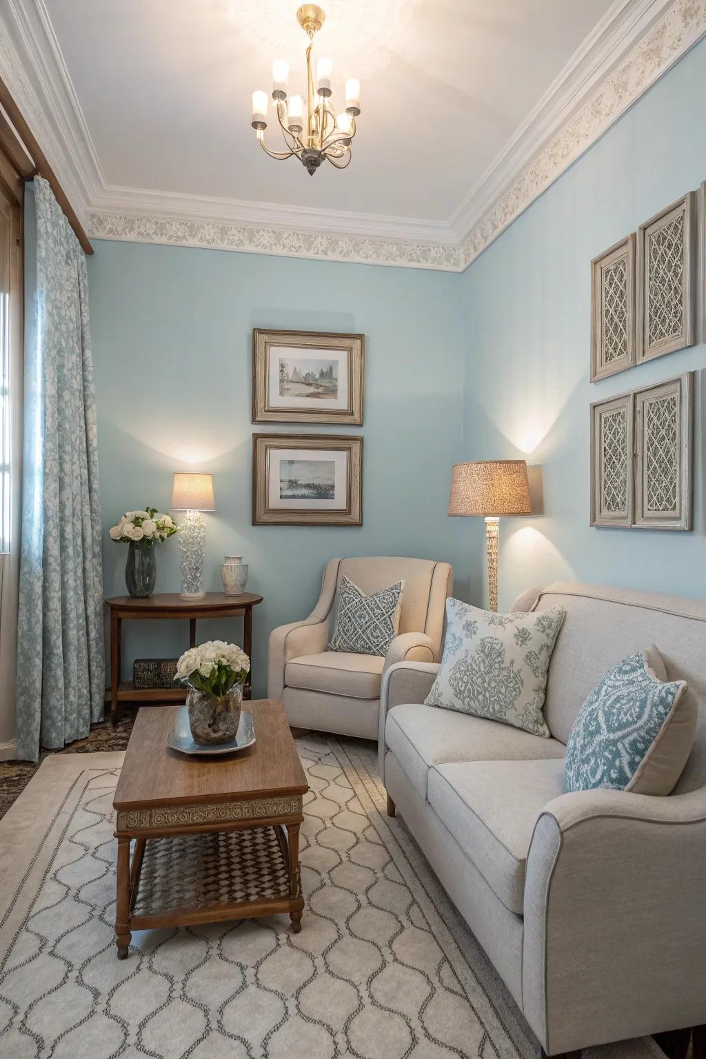 A compact living area enhanced with delicate blue walls for tranquility.