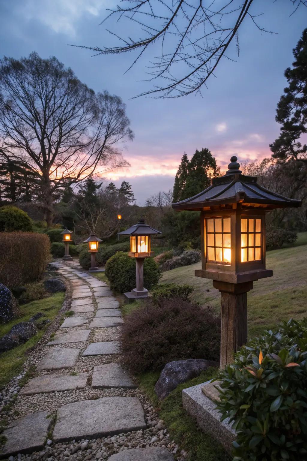 Japanese lanterns casting a captivating glow at twilight.