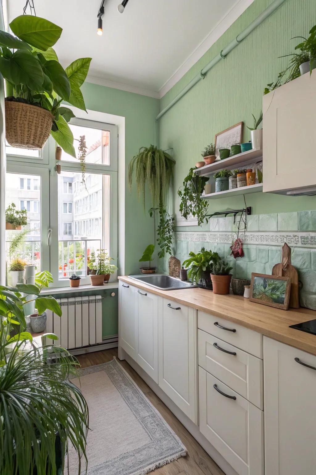 Verdant hues impart a revitalizing touch to kitchen areas.
