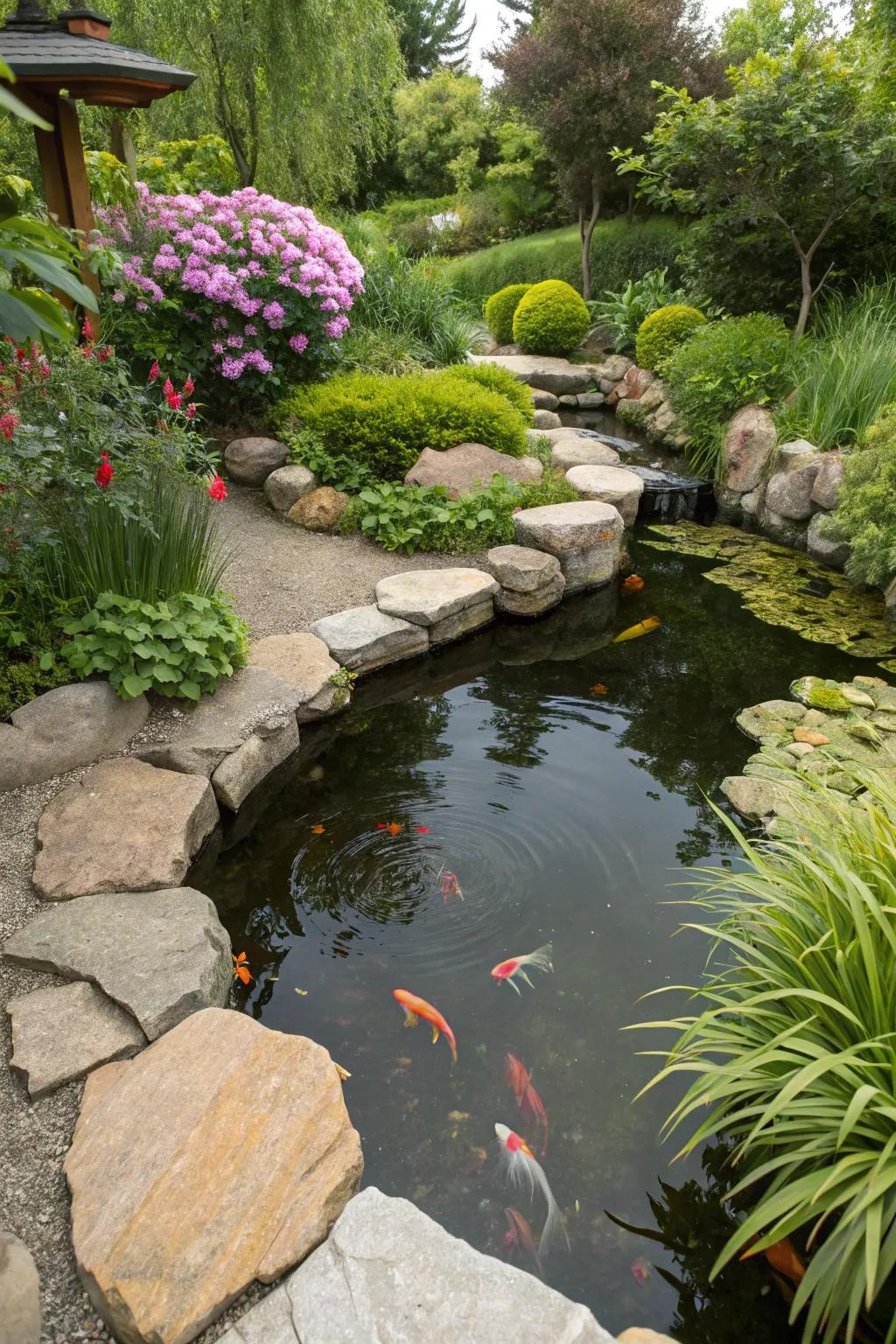A small koi pond seamlessly integrated with natural rock borders.