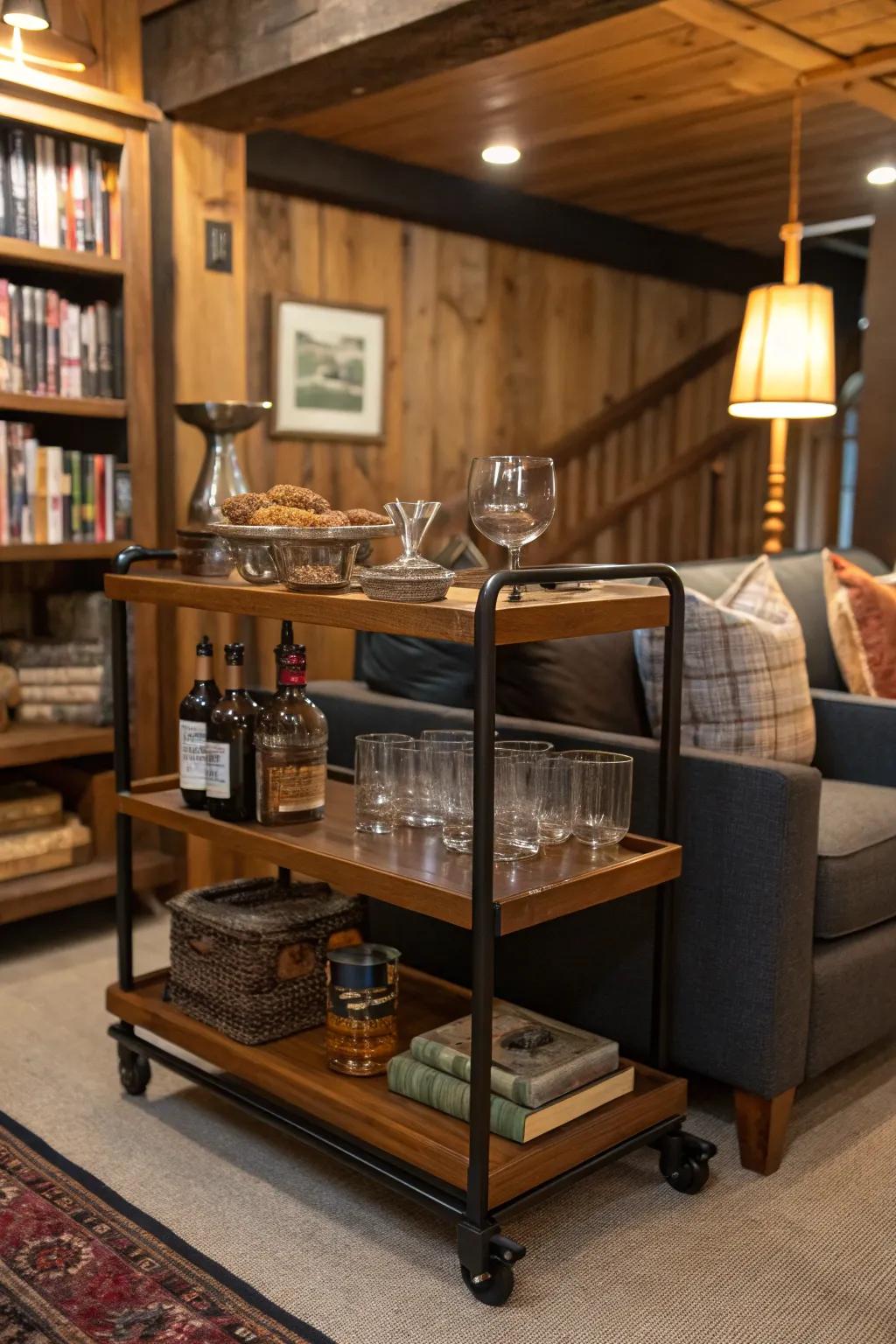 A small bar cart stylishly fits into a corner, adding a touch of elegance.