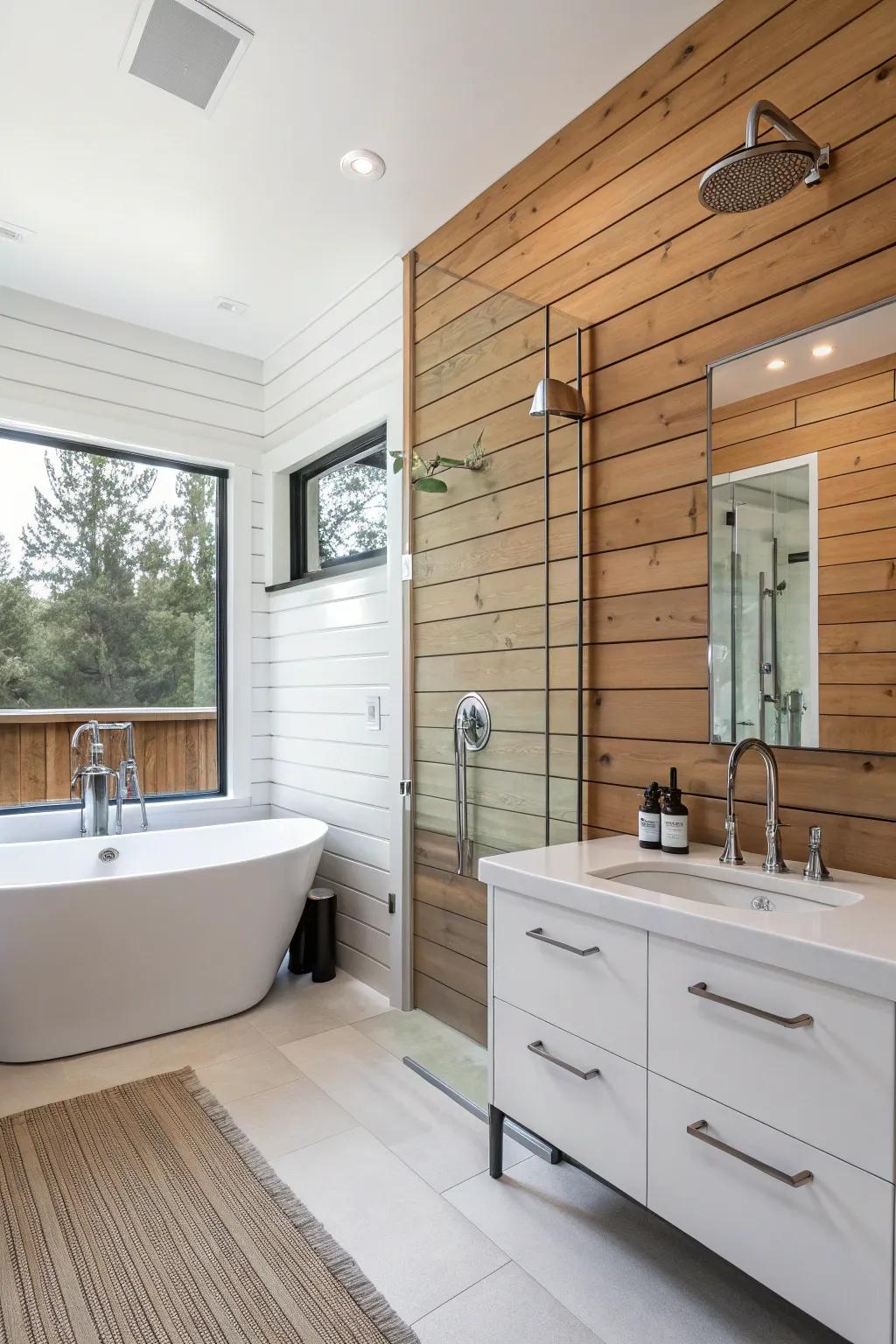 Plank cladding walls add unique texture to a rustic bathroom.
