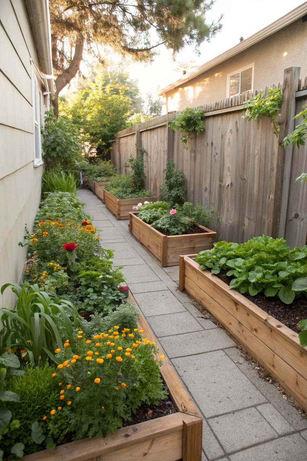 Raised beds create a lush garden oasis in narrow side yards.