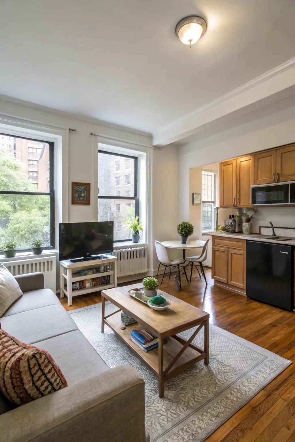 Open layouts make smaller apartments feel bigger.