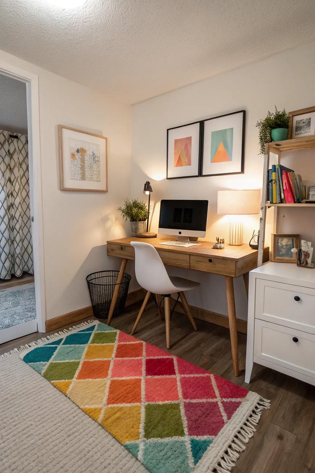 Rugs provide warmth and define the workspace.
