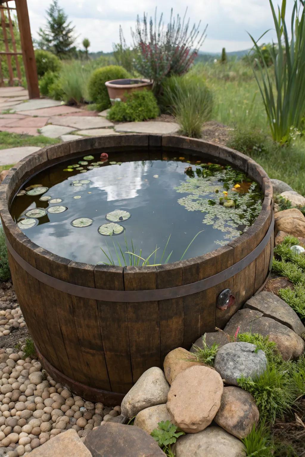 An old barrel finds new life as a delightful small pond.