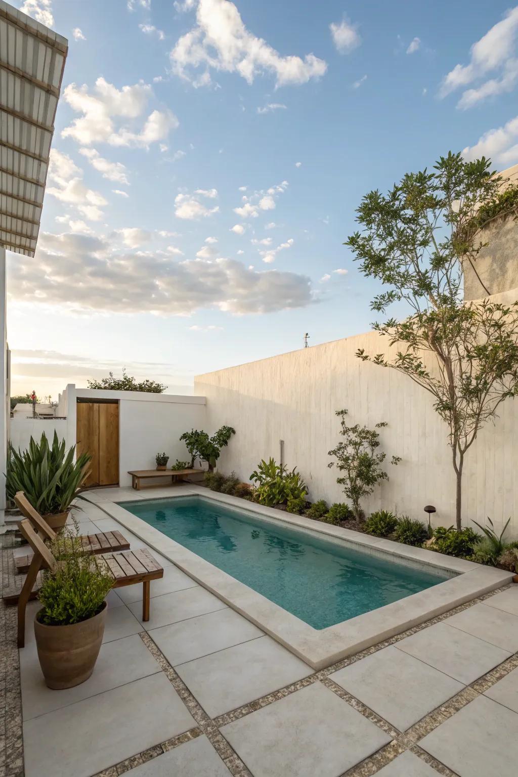 Perfect for smaller spaces, this minimalist rectangular pool.