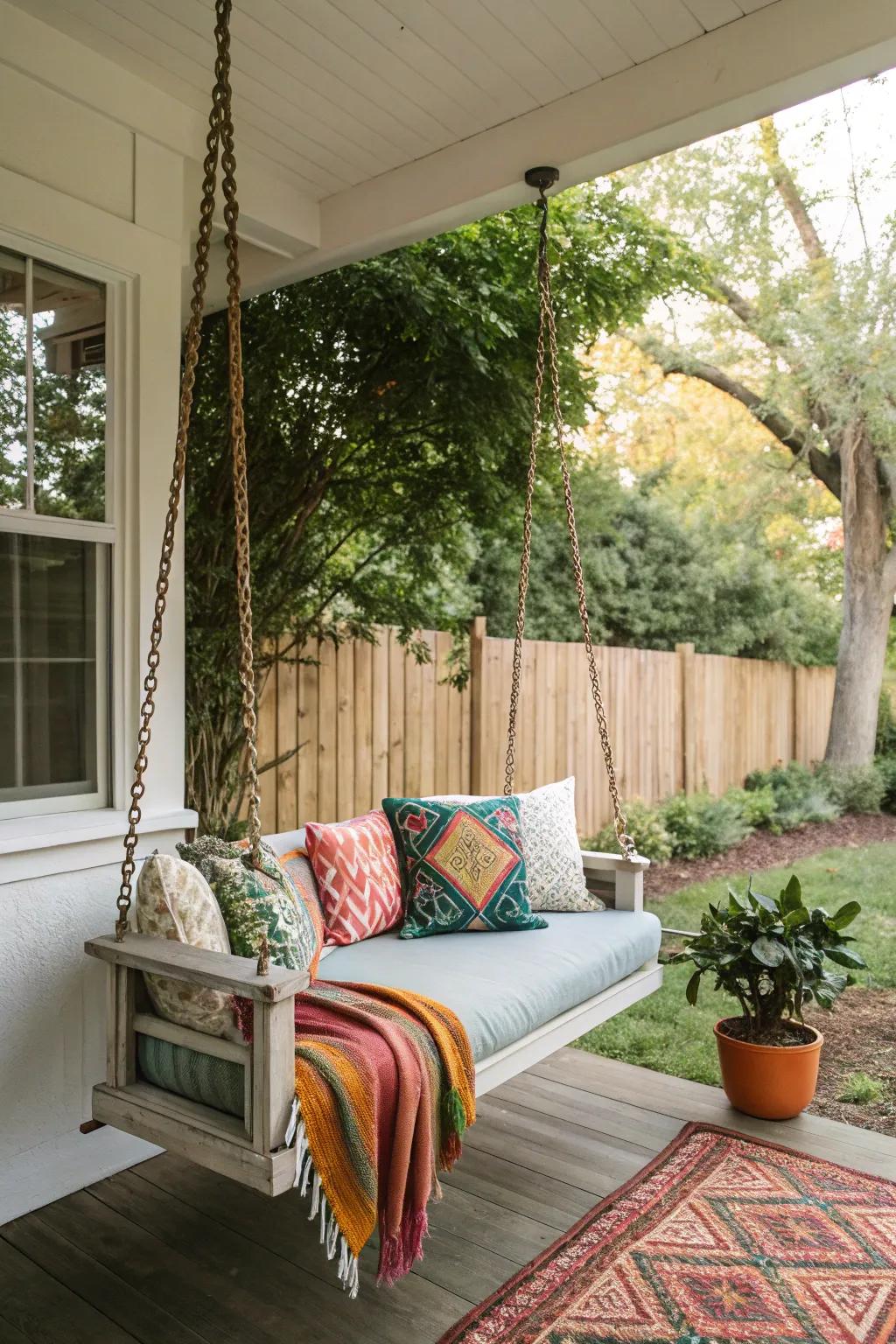 A comfy swing makes your porch a relaxing getaway.