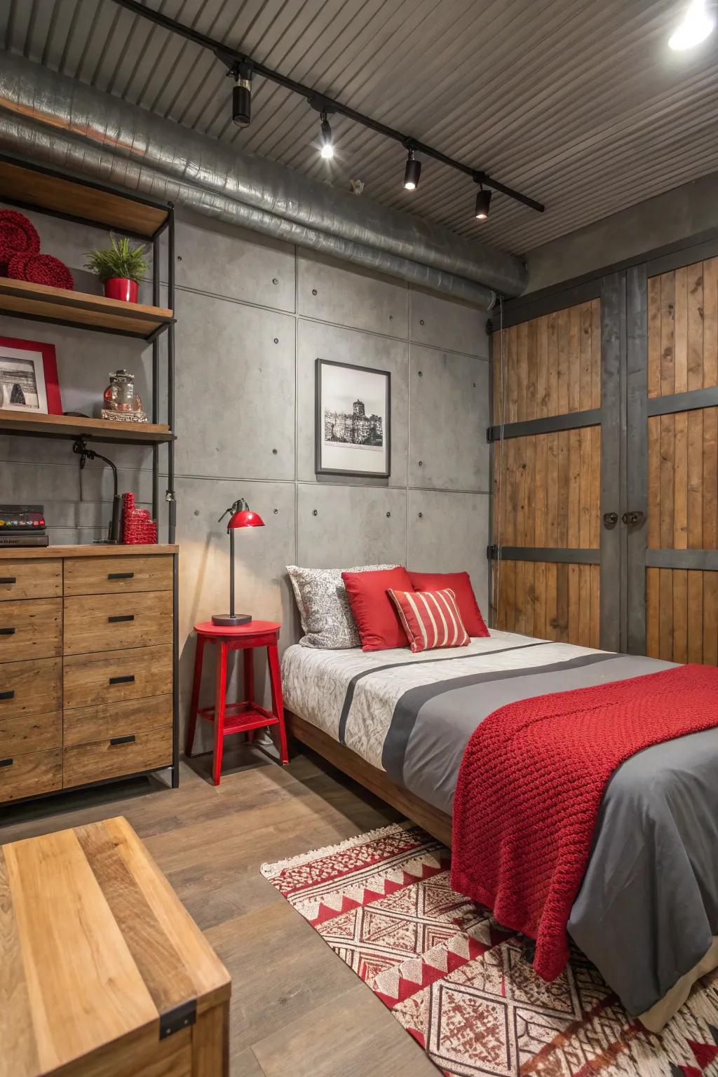 A compact bedroom with a blend of timber and metallic textures complementing the crimson and ash color scheme.