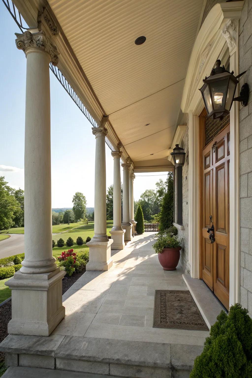 Side porch featuring architectural pillars and a protective canopy.