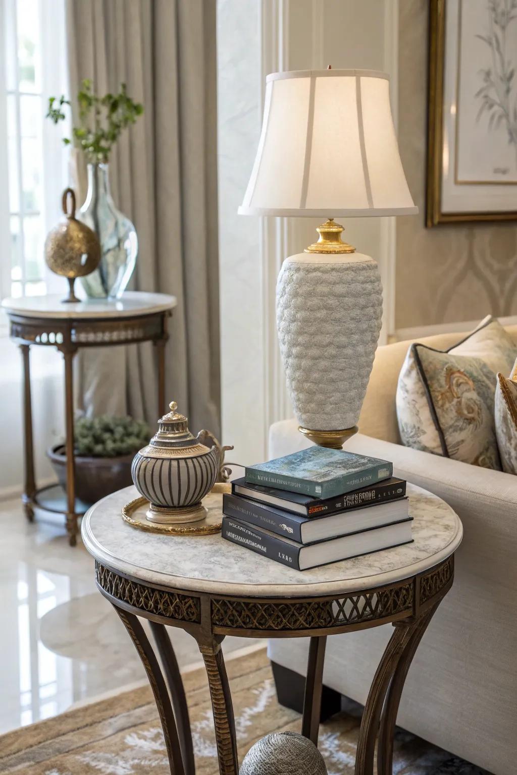 Varied heights contribute visual interest to an accent table.