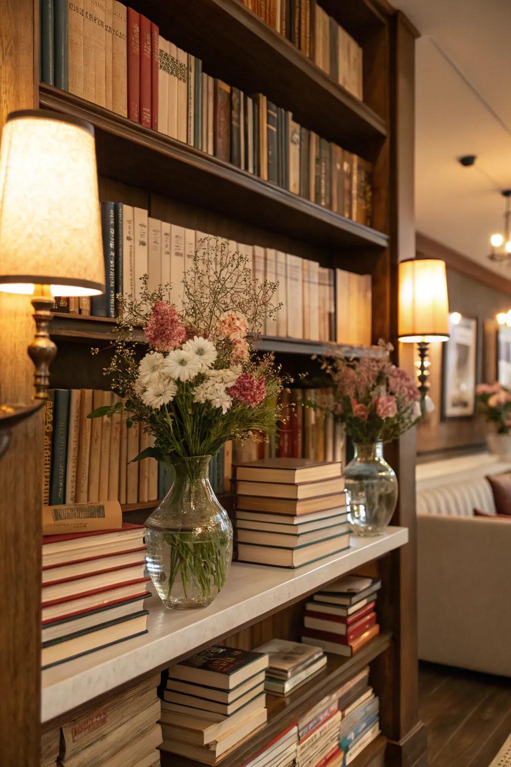Books and flowers assemble to craft an intellectual and comforting vibe.