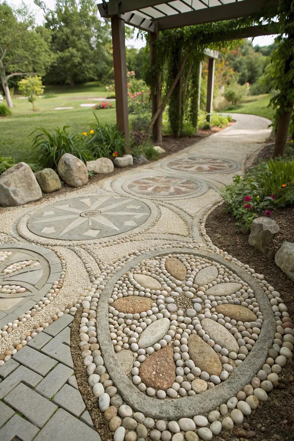 An artistic pebble design that adds creativity to the garden floor.