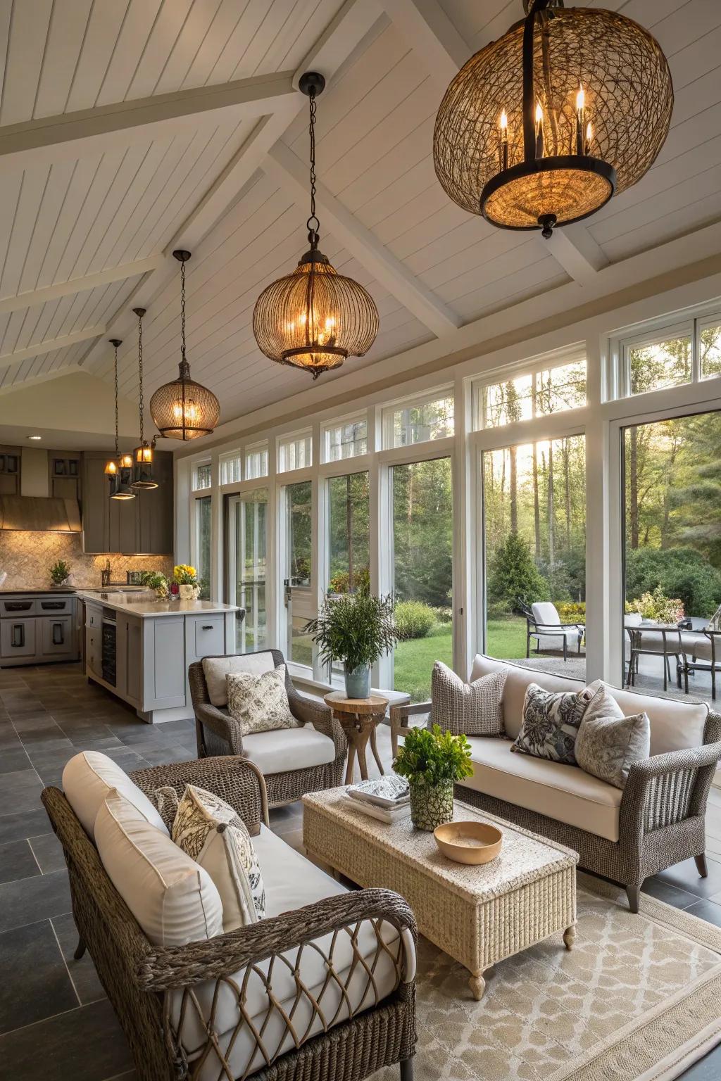 Decorative lighting enhances warmth and ambiance.