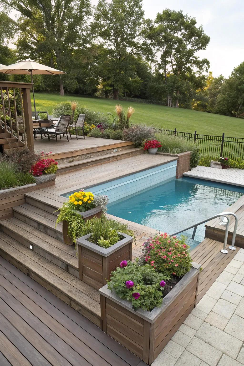 Tiered designs add dimension to pool areas.