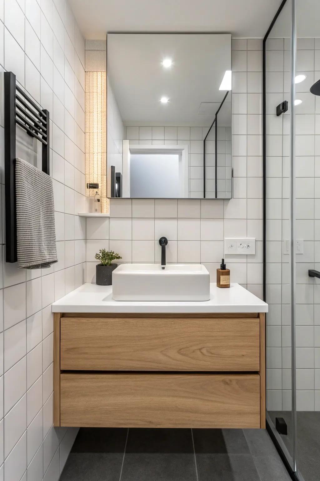 Floating vanities enhance visual area and aesthetic.