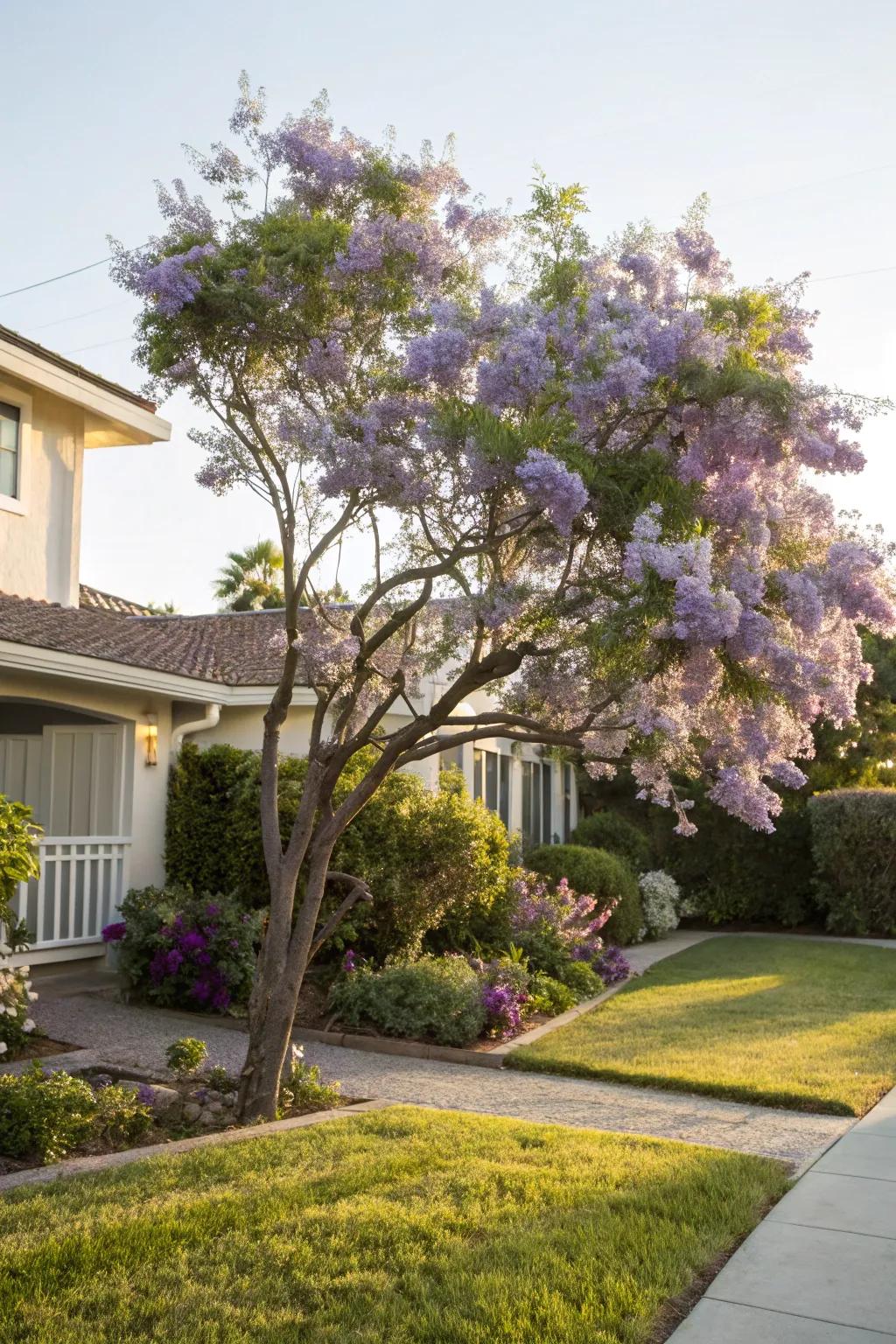 Chaste tree providing a serene, colorful display in a front yard.