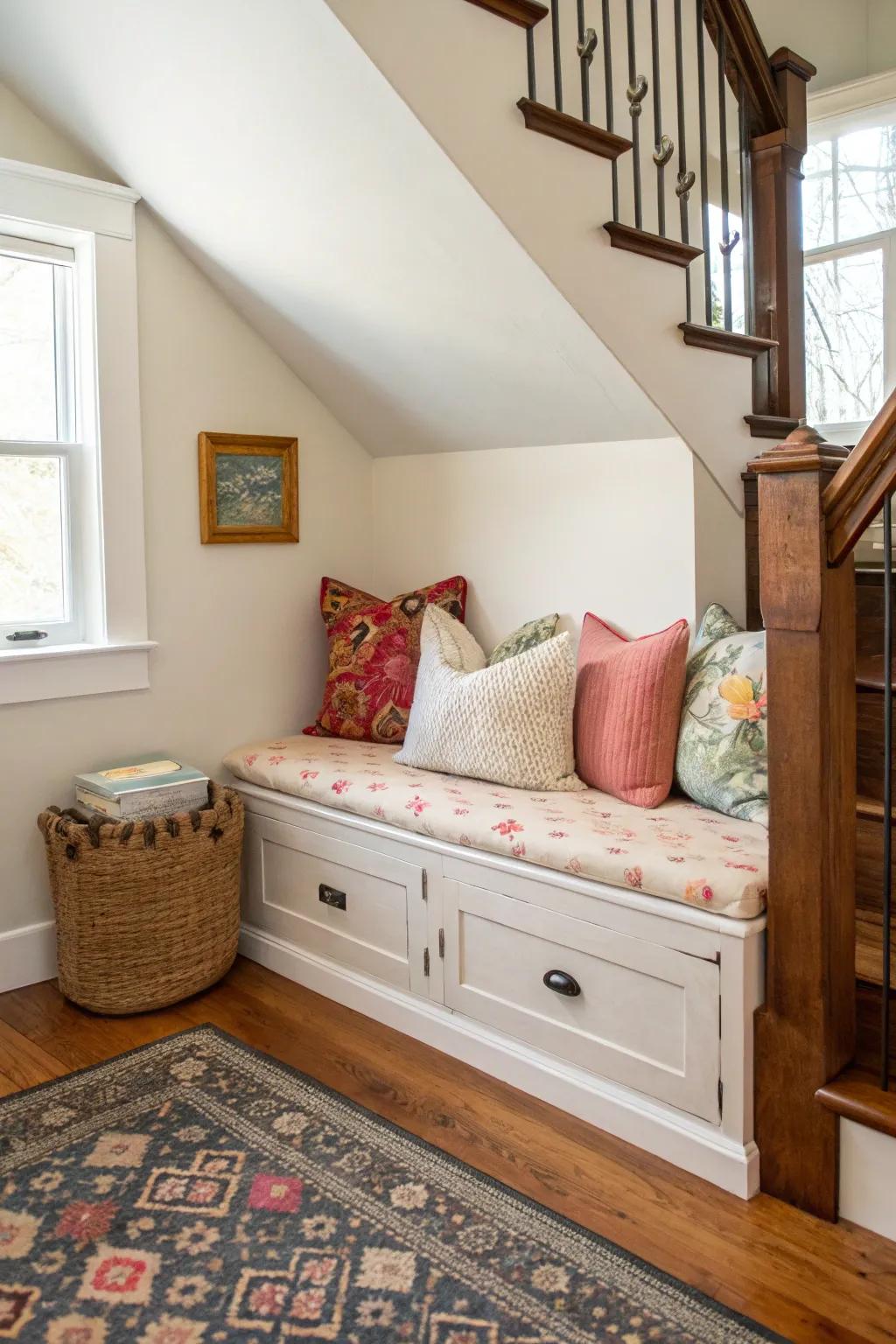 A storage bench offers seating and hidden storage.