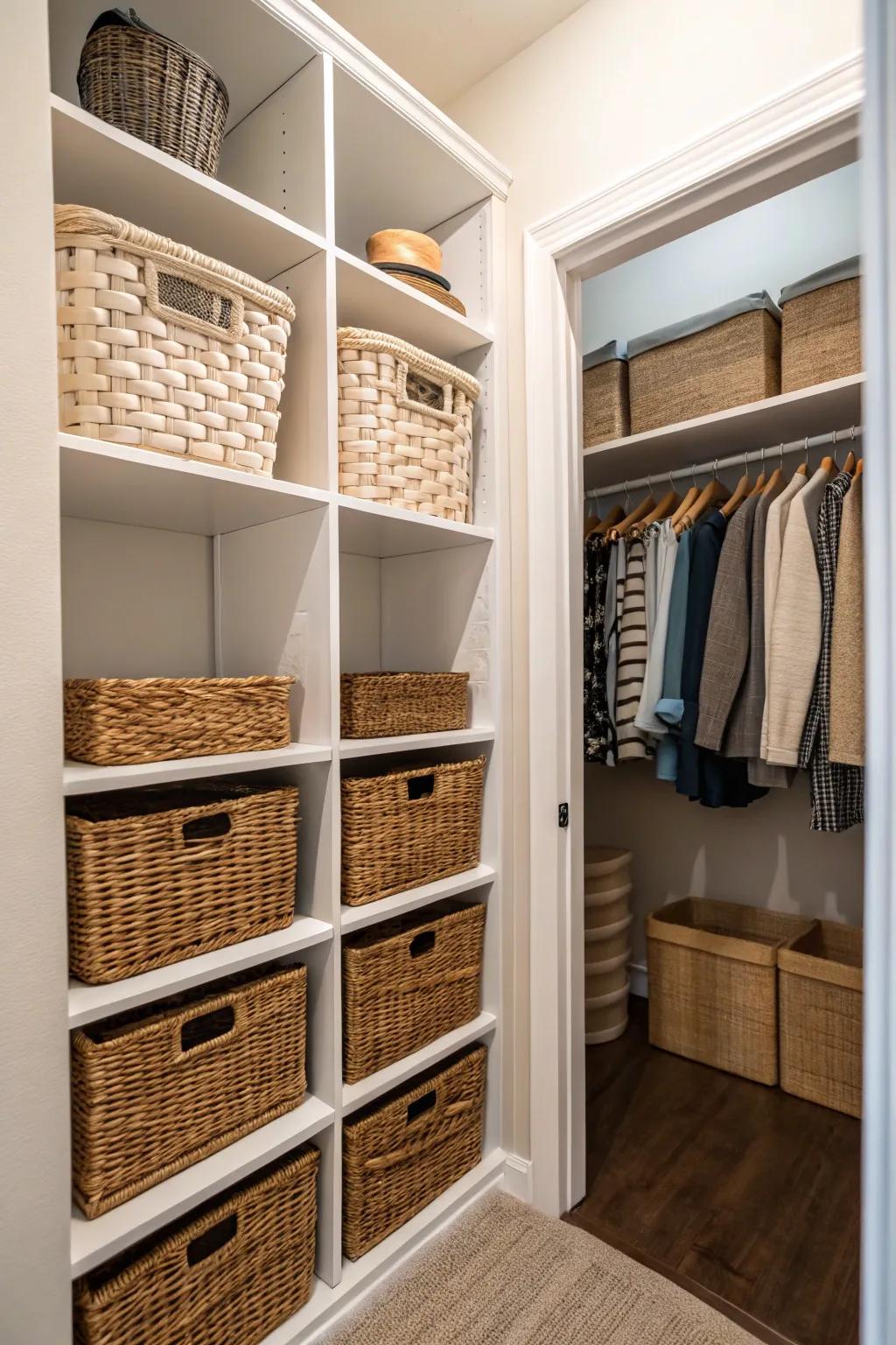 Baskets and bins offer stylish and flexible storage.