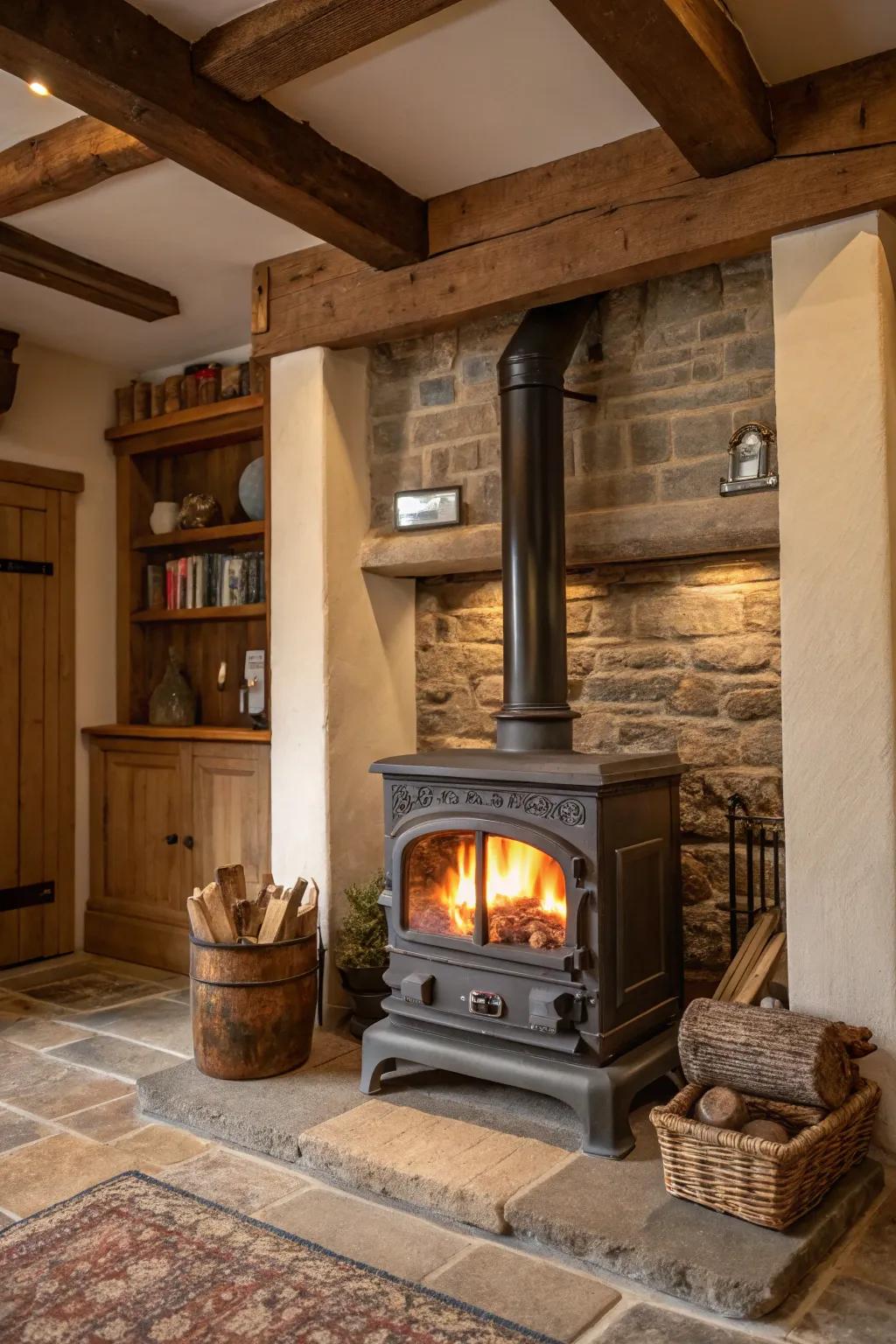 A classic hearth enhances a modern wood stove setup with enduring charm.