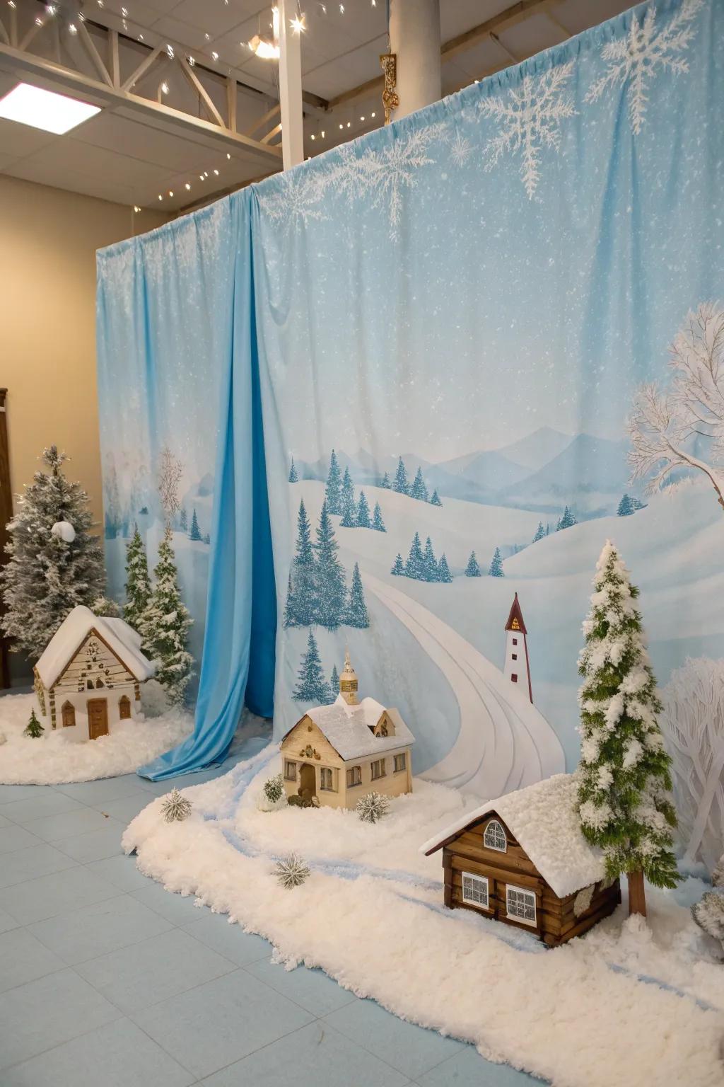 A backcloth establishes the ambiance for your wintry paradise.